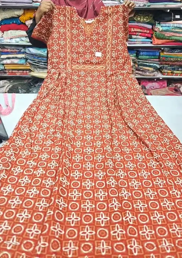 Pure Jaipur Cotton V-Neck Frock Maxi Nighty | NT3598